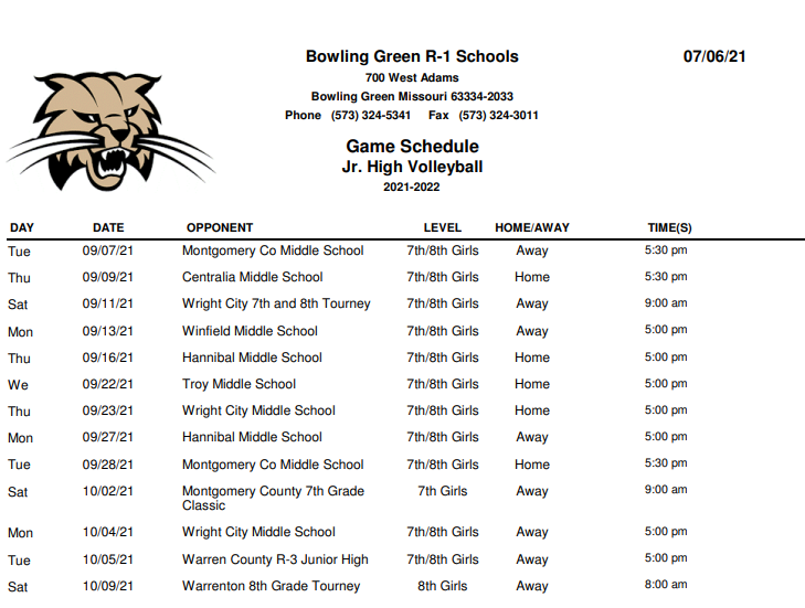 MS Volleyball Game Schedule
