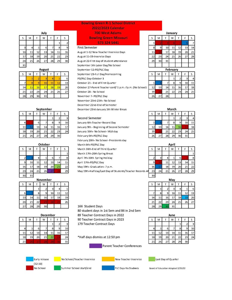 BGR 1 2022 2023 Board Approved Calendar Bowling Green High School