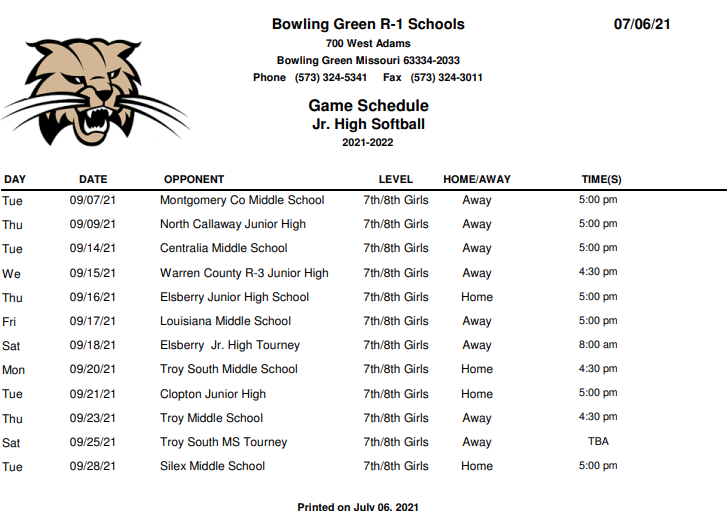 MS Softball Game Schedule