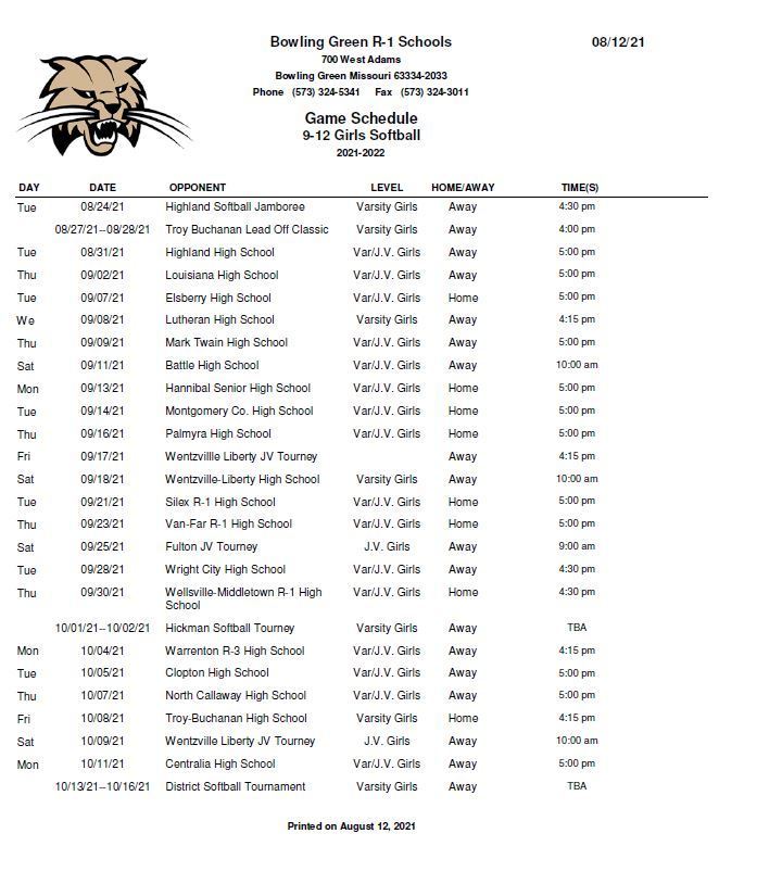HS Softball Schedule 