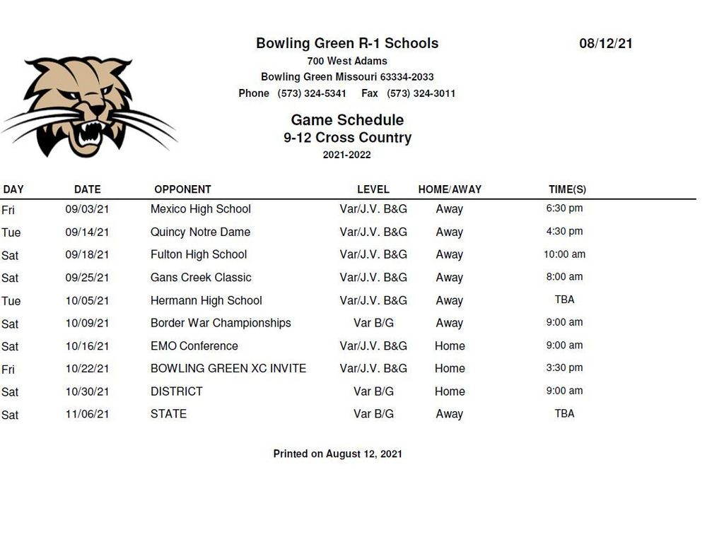 HS Cross Country Schedule  