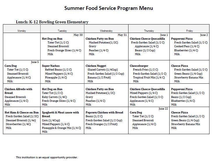 Summer School Lunch Menu